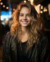 une femme avec longue frisé cheveux génératif ai photo