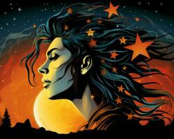 une femme avec longue cheveux et étoiles dans le ciel génératif ai photo