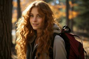 une femme avec longue rouge cheveux et une sac à dos dans le les bois génératif ai photo