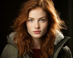 une femme avec longue rouge cheveux et une veste génératif ai photo