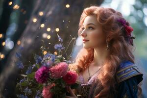 une femme avec longue rouge cheveux en portant une bouquet de fleurs génératif ai photo