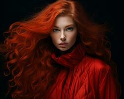 une femme avec longue rouge cheveux posant dans de face de une noir Contexte génératif ai photo