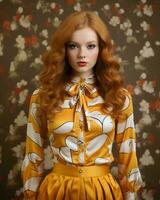 une femme avec longue rouge cheveux portant une Jaune robe génératif ai photo