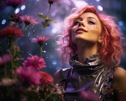 une femme avec rose cheveux dans une champ de fleurs génératif ai photo