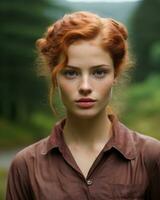 une femme avec rouge cheveux et une marron chemise génératif ai photo