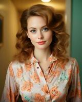 une femme avec rouge cheveux et une floral chemise génératif ai photo