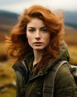 une femme avec rouge cheveux et une vert veste permanent dans le milieu de une champ génératif ai photo