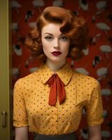 une femme avec rouge cheveux et une polka point chemise génératif ai photo