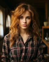 une femme avec rouge cheveux et une plaid chemise génératif ai photo