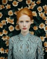 une femme avec rouge cheveux et bleu yeux est permanent dans de face de une mur de fleurs génératif ai photo