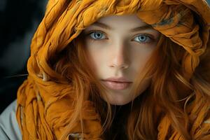 une femme avec rouge cheveux et bleu yeux portant un Orange écharpe génératif ai photo