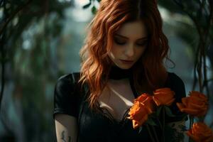 une femme avec rouge cheveux et tatouages en portant une bouquet de fleurs génératif ai photo