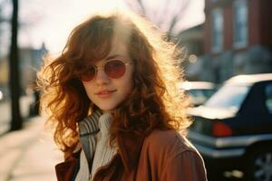 une femme avec rouge cheveux et des lunettes de soleil permanent sur une rue génératif ai photo