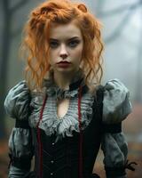 une femme avec rouge cheveux dans une gothique costume génératif ai photo