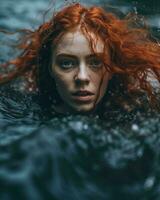 une femme avec rouge cheveux dans le l'eau génératif ai photo