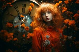 une femme avec rouge cheveux dans de face de une l'horloge génératif ai photo