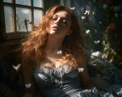 une femme avec rouge cheveux pose sur une lit entouré par papillons génératif ai photo