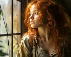 une femme avec rouge cheveux à la recherche en dehors une fenêtre génératif ai photo