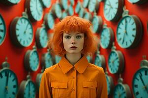 une femme avec rouge cheveux permanent dans de face de une mur de horloges génératif ai photo