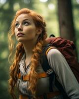 une femme avec rouge cheveux portant une sac à dos dans le les bois génératif ai photo