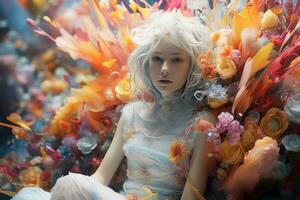 une femme avec blanc cheveux séance sur Haut de une bouquet de fleurs génératif ai photo