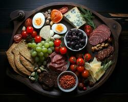 une en bois plat avec divers les types de Viande fromage et autre nourriture génératif ai photo