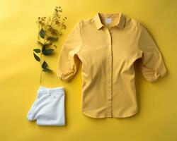 une Jaune chemise et blanc un pantalon sur une Jaune Contexte génératif ai photo