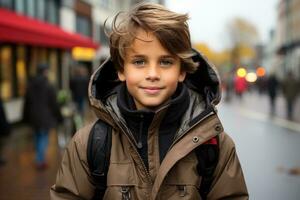 une Jeune garçon dans une manteau permanent sur une ville rue génératif ai photo