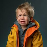 une Jeune garçon dans un Orange veste et veste est pleurs génératif ai photo