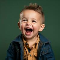 une Jeune garçon est en riant dans de face de une vert Contexte génératif ai photo