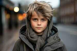 une Jeune garçon portant une veste et écharpe génératif ai photo