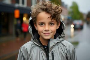 une Jeune garçon portant une pluie veste sur une pluvieux journée génératif ai photo