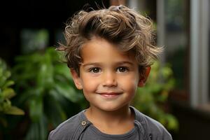 une Jeune garçon avec frisé cheveux permanent dans de face de une plante génératif ai photo