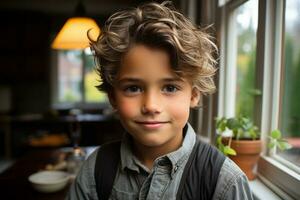 une Jeune garçon avec frisé cheveux permanent dans de face de une fenêtre génératif ai photo