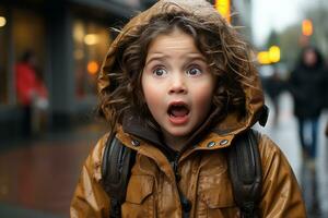 une Jeune enfant avec un ouvert bouche sur une pluvieux journée génératif ai photo