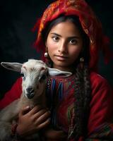 une Jeune fille en portant une agneau dans sa bras génératif ai photo