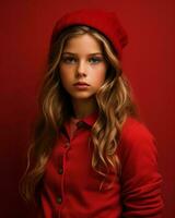 une Jeune fille dans une rouge chandail et chapeau sur une rouge Contexte génératif ai photo