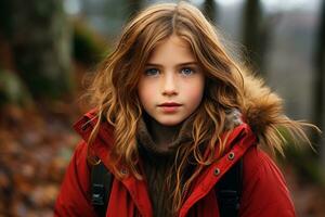 une Jeune fille dans une rouge veste permanent dans le les bois génératif ai photo