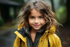 une Jeune fille dans une Jaune pluie veste génératif ai photo