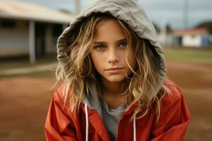 une Jeune fille dans une rouge sweat à capuche à la recherche à le caméra génératif ai photo