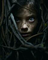 une Jeune fille furtivement en dehors de le branches de une arbre génératif ai photo