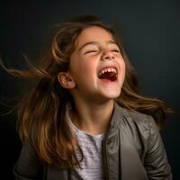 une Jeune fille en riant tandis que portant une veste génératif ai photo