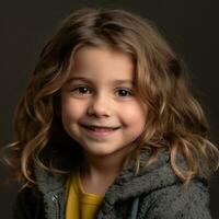 une Jeune fille avec frisé cheveux et une Jaune chemise génératif ai photo