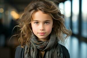 une Jeune fille avec frisé cheveux portant une écharpe génératif ai photo