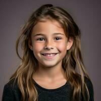 une Jeune fille avec longue cheveux souriant pour le caméra génératif ai photo