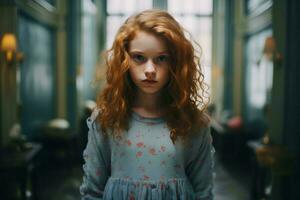 une Jeune fille avec rouge cheveux permanent dans une couloir génératif ai photo