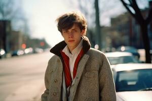 une Jeune homme dans une manteau permanent sur une rue génératif ai photo