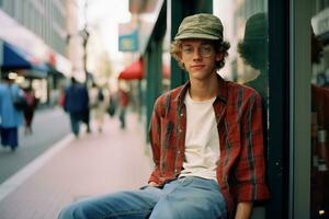 une Jeune homme dans une chapeau séance sur une trottoir génératif ai photo