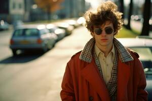 une Jeune homme dans une rouge manteau et des lunettes de soleil permanent sur une rue génératif ai photo