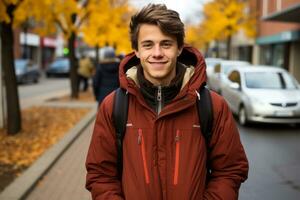 une Jeune homme dans une rouge veste permanent sur le rue génératif ai photo